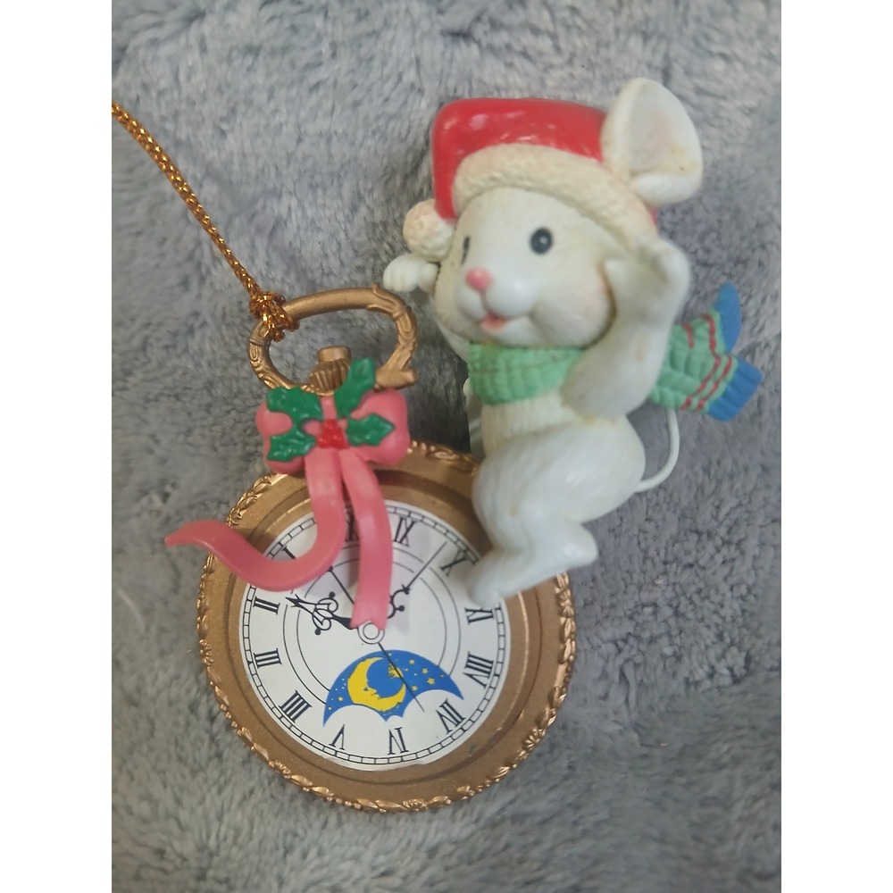 Vtg Enesco Christmas Mouse on Gold Pocket Watch Ornament Santa Hat Whimsical